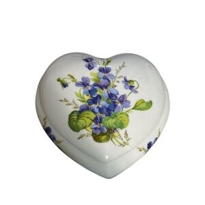 Rochard Limoges Heart Shaped Porcelain Trinket Box with Purple Flowers